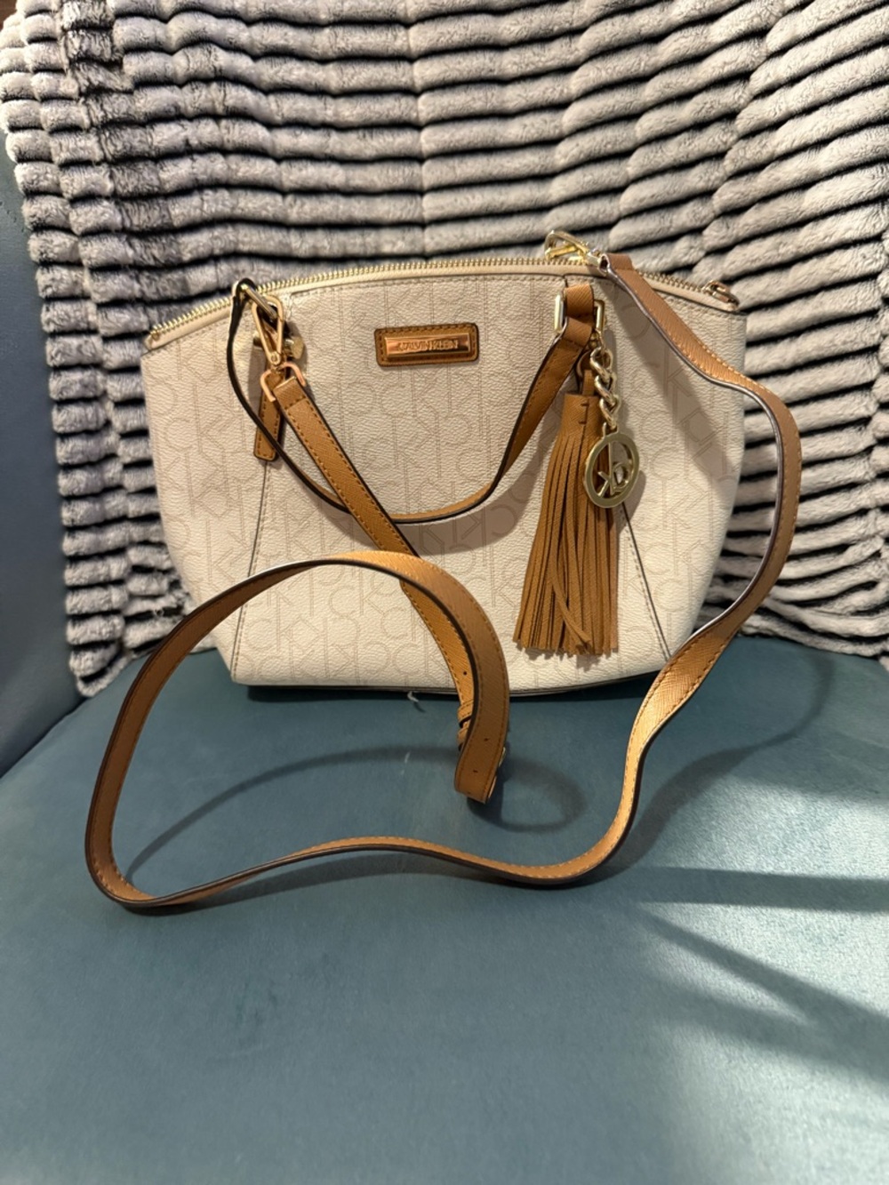 Calvin Klein Cream and Tan Signature Logo Crossbody with Tassel Charm